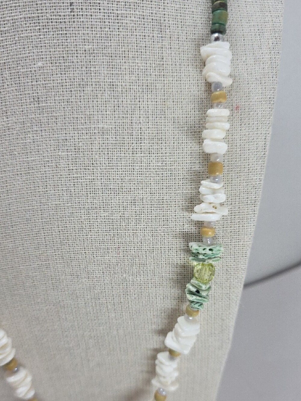 Hand Crafted Green, White and Beige Leaf Pendant Necklace - Picture 4 of 10